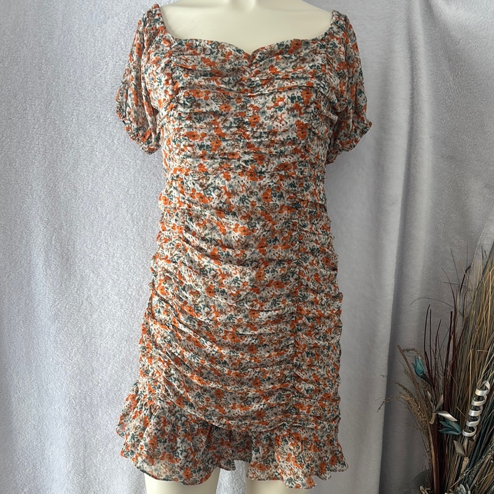 Floral Mini Dress Orange Green Short Sleeve‎ Ruched Ruffle Hem Party Cottagecore